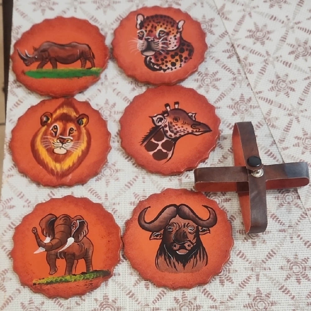 Unique Safari Animal Hand-painted Coasters Six Of Them With Holder.